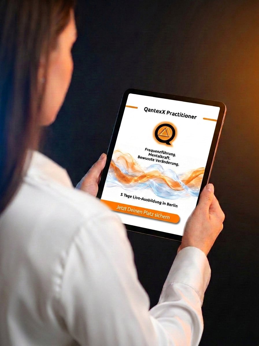 Blick über die Schulter einer Frau, die auf ihrem iPad das QantexX-Practitioner-Anmeldeformular ausfüllt