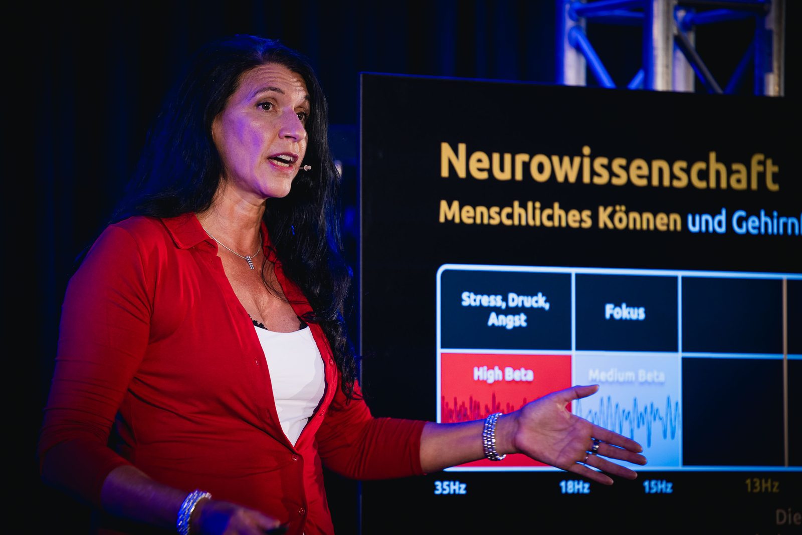 Amina Meineker erklärt live die Neurowissenschaft hinter den Gehirnfrequenzen, auf der Folie die Frequenzbänder bis 13 Hertz